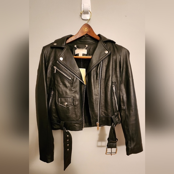 NWT Michael Kors Black Leather Moto Motorcycle Jacket Size Small - Picture 4 of 16